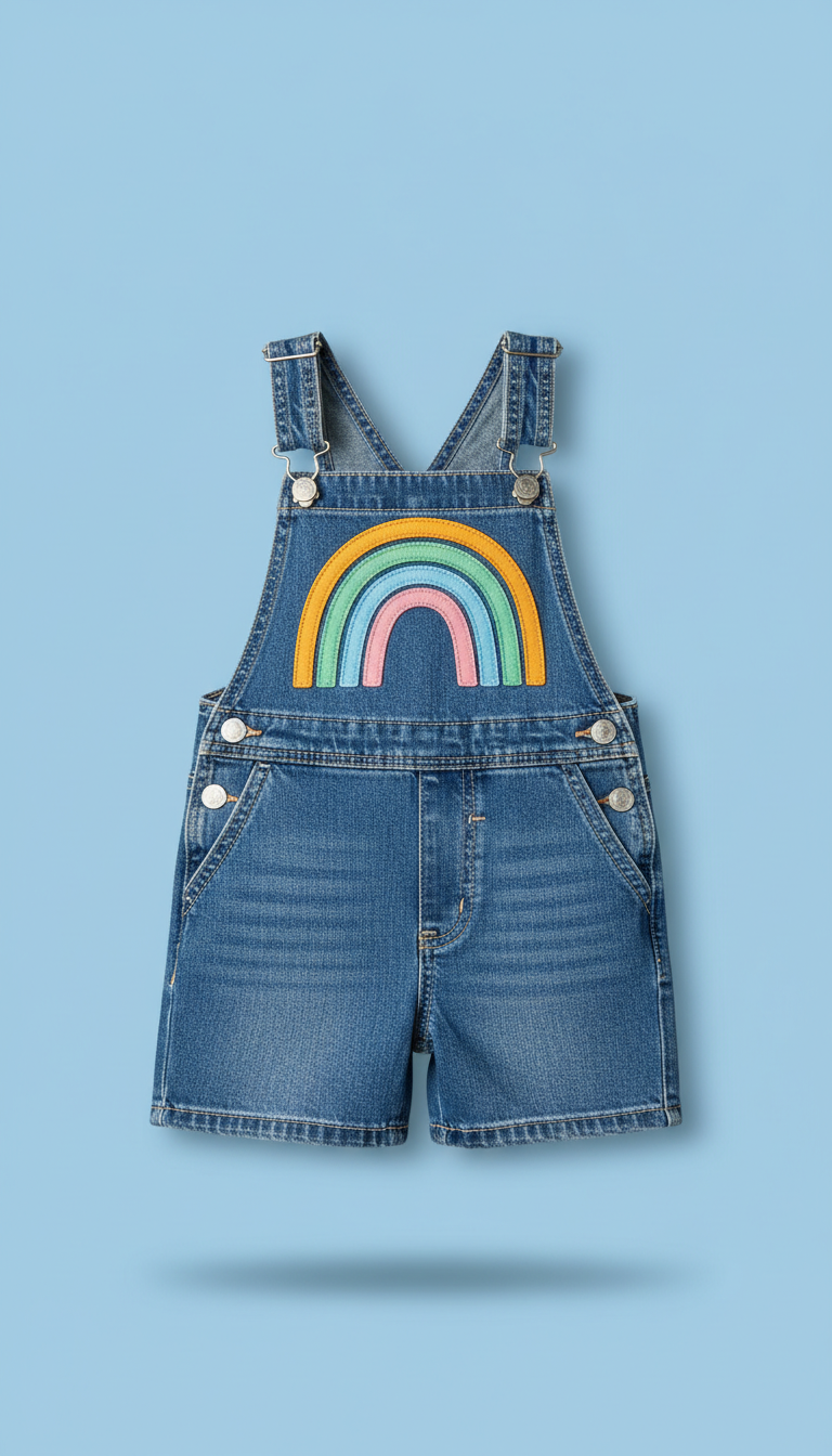 Denim Overalls with Embroidered Rainbow
